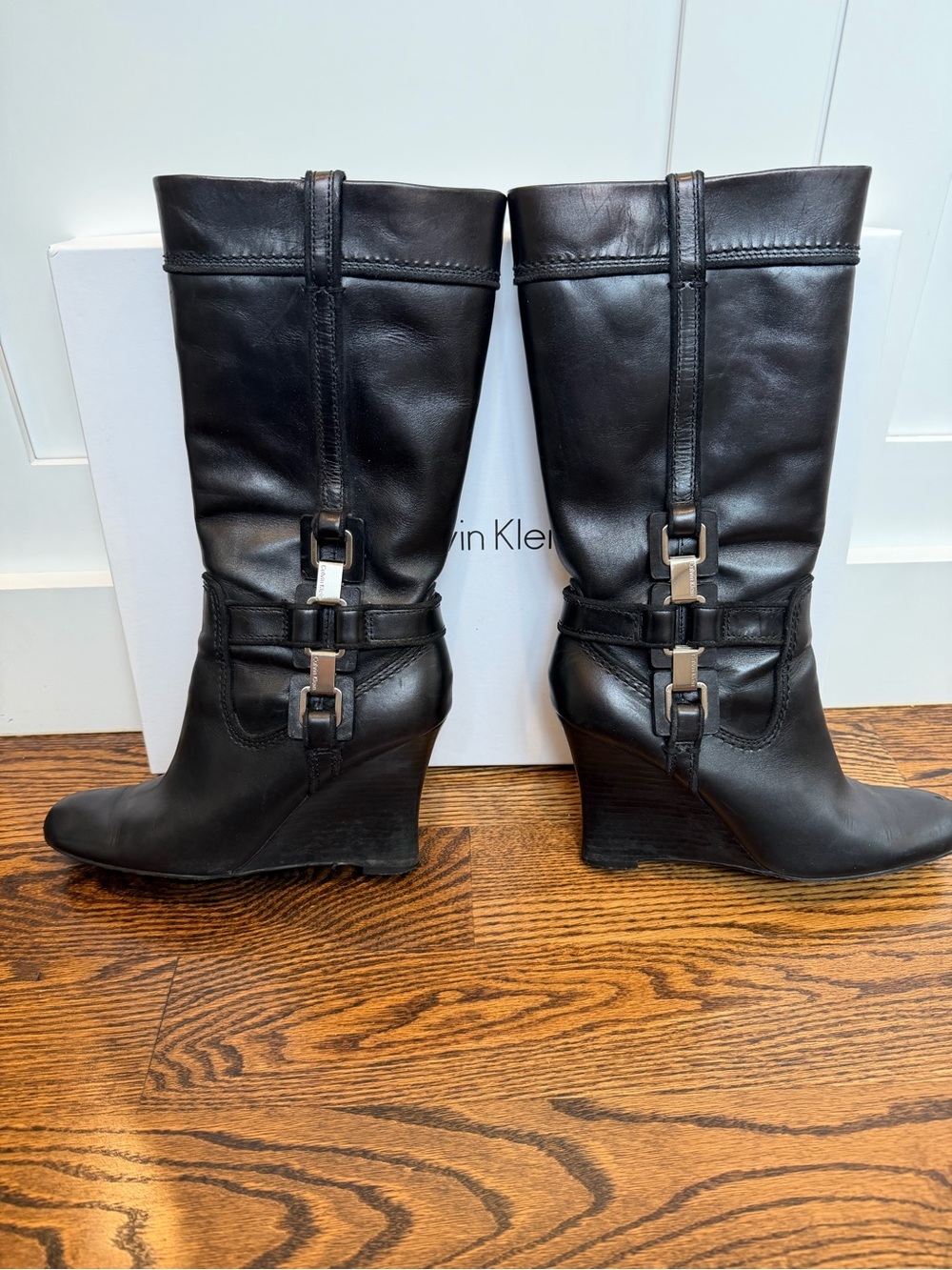 Calvin Klein Black Leather Mid-Calf Wedge Boots with Silver Hardware
